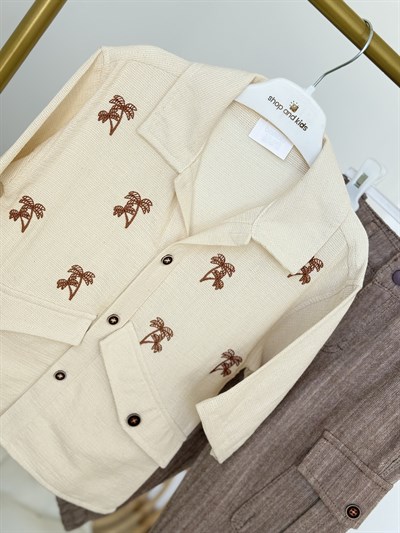 Palmiye Desenli Gömlekli 2 li Takım (6997) - Camel (2-6yaş)