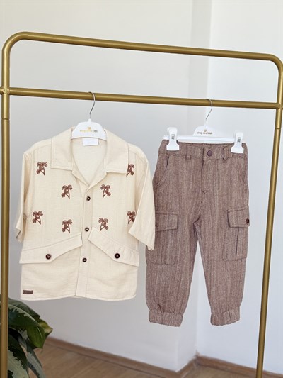 Palmiye Desenli Gömlekli 2 li Takım (6997) - Camel (2-6yaş)