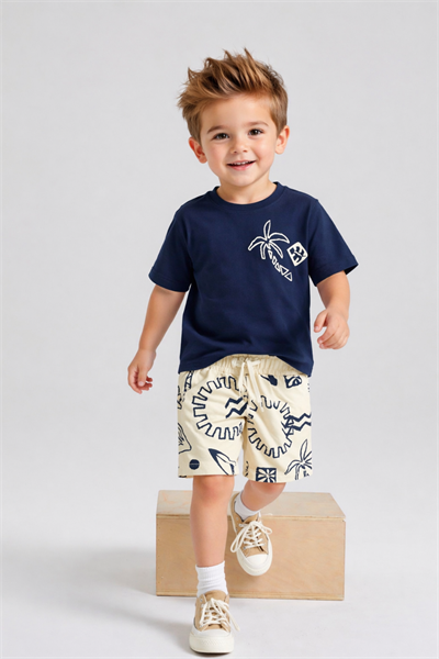 Palmiye Detay  Şortlu Takım - Lacivert (3-10Yaş)