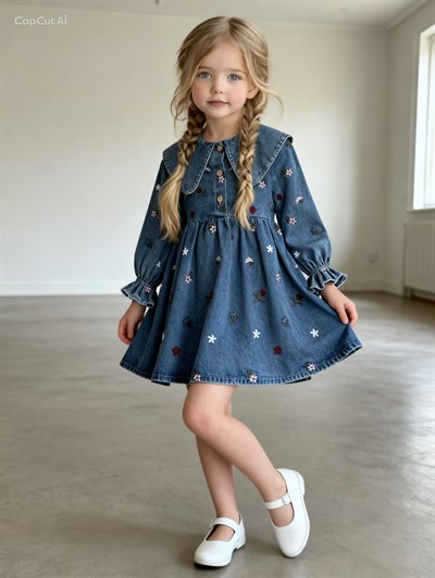 Papatya Yaka Detay Kot Elbise -Mavi(5-10yaş)