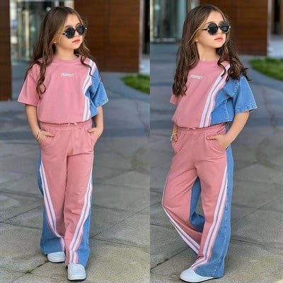 Perfect Jean Şeritli Kısa Kollu Takım -Pembe (5-14 yaş)