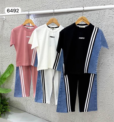 Perfect Jean Şeritli Kısa Kollu Takım -Pembe (5-14 yaş)