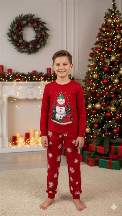 ☃️Kardan Adam  Pijama Takımı Unisex -Kırmızı (3yaş-9yaş)