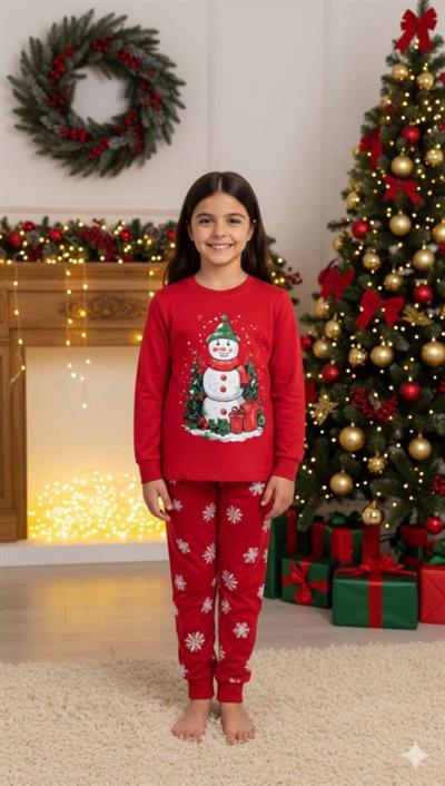 ☃️Kardan Adam  Pijama Takımı Unisex -Kırmızı (3yaş-9yaş)