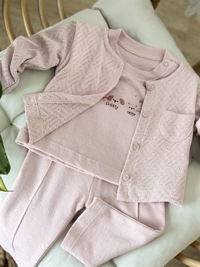 Puppy Bear Hırkalı 3 lü Takım - Pudra (6ay-18ay)