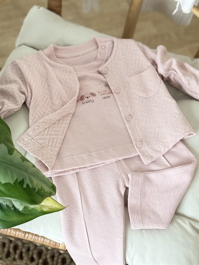 Puppy Bear Hırkalı 3 lü Takım - Pudra (6ay-18ay)