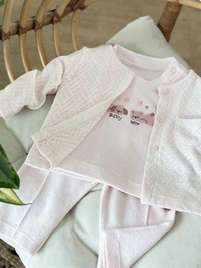 Puppy Bear Hırkalı 3 lü Takım - Soft Pembe (6ay-18ay)