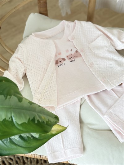Puppy Bear Hırkalı 3 lü Takım - Soft Pembe (6ay-18ay)