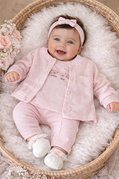 Puppy Bear Hırkalı 3 lü Takım - Soft Pembe (6ay-18ay)