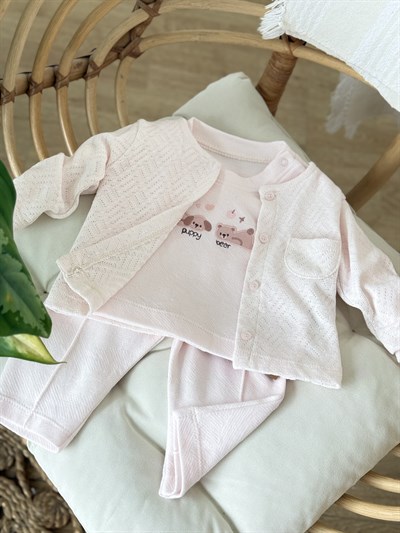 Puppy Bear Hırkalı 3 lü Takım - Soft Pembe (6ay-18ay)
