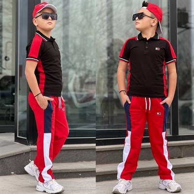 Şapkalı 3 Parça Takım-Siyah Kırmızı(4-16yaş)