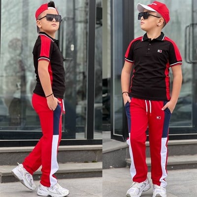 Şapkalı 3 Parça Takım-Siyah Kırmızı(4-16yaş)