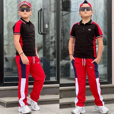 Şapkalı 3 Parça Takım-Siyah Kırmızı(4-16yaş)