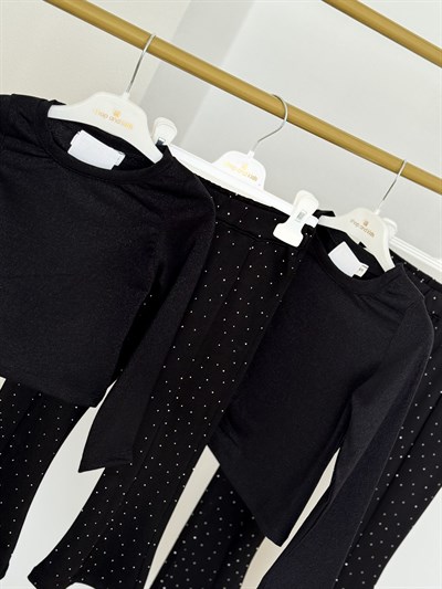 Simli Büzgü Detay Takım - Siyah (4-12 yaş aralığı)
