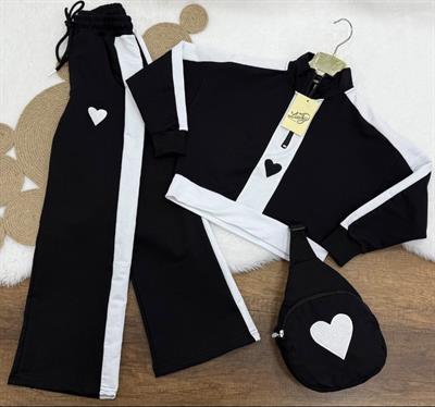 Siyah Kalp Detay Çantalı Takım  (4-16 yaş)