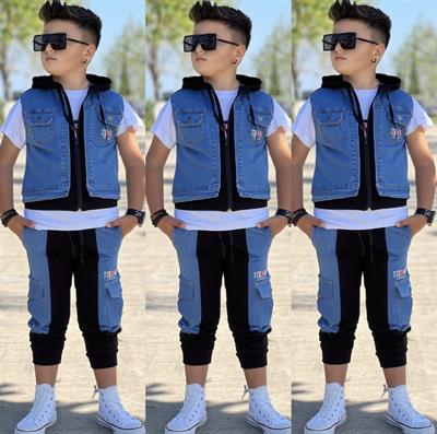 Siyah Kapüşonlu Kot Yelekli 3lü Erkek Takım (2 yaş-14 yaş)