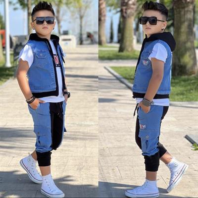 Siyah Kapüşonlu Kot Yelekli 3lü Erkek Takım (2 yaş-14 yaş)