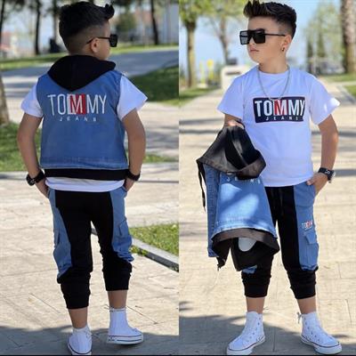 Siyah Kapüşonlu Kot Yelekli 3lü Erkek Takım (2 yaş-14 yaş)