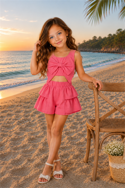Summer Breeze Keten Şortlu Takım - Pembe (2-8yaş)