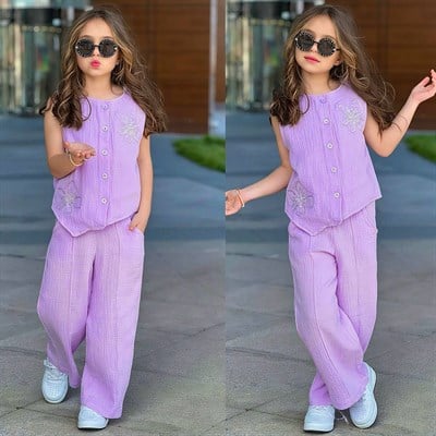 Taş Detay Çiçekli Müslin Takım - Lila (5-14 yaş aralığı)