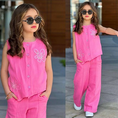 Taş Detay Çiçekli Müslin Takım - Pembe (5-14 yaş aralığı)