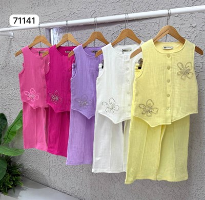 Taş Detay Çiçekli Müslin Takım - Pembe (5-14 yaş aralığı)