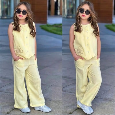 Taş Detay Çiçekli Müslin Takım - Sarı (5-14 yaş aralığı)