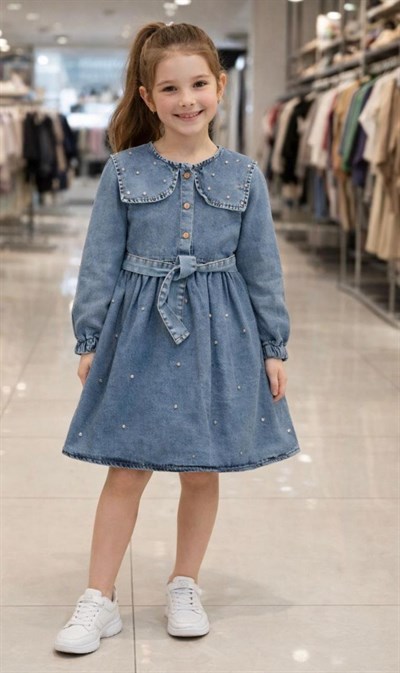 Taş Detay Kot Elbise -Mavi(4yaş-10yaş)
