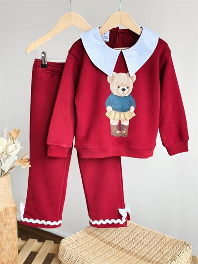 Tedy Yaka Detay Takım-Kırmızı (2yaş-8yaş)