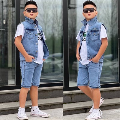 Jean 3 Parça Yelekli Takım - Mavi (3-12Yaş)