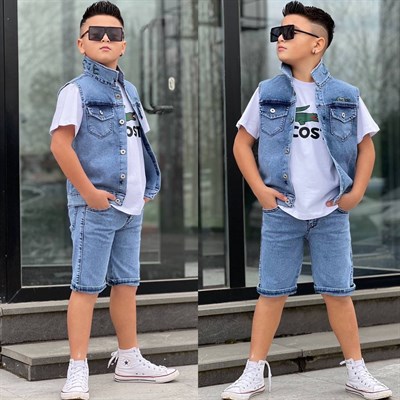 Jean 3 Parça Yelekli Takım - Mavi (3-12Yaş)