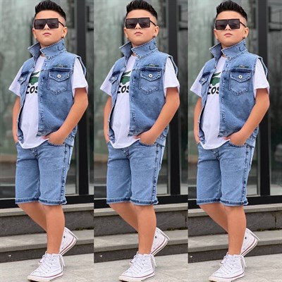 Jean 3 Parça Yelekli Takım - Mavi (3-12Yaş)