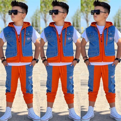 Turuncu Kapüşonlu Kot Yelekli 3lü Erkek Takım (2 yaş-14 yaş)