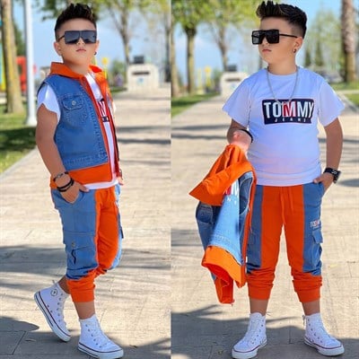 Turuncu Kapüşonlu Kot Yelekli 3lü Erkek Takım (2 yaş-14 yaş)