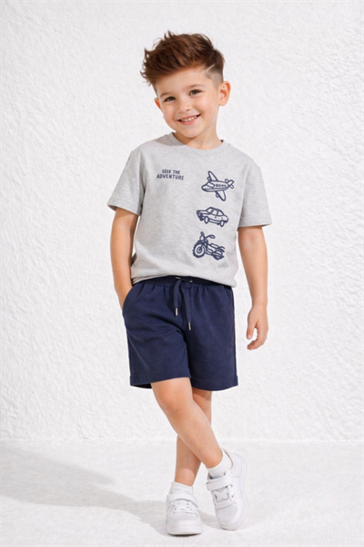 Uçak Detay Şortlu Takım  - Lacivert (1-6Yaş)