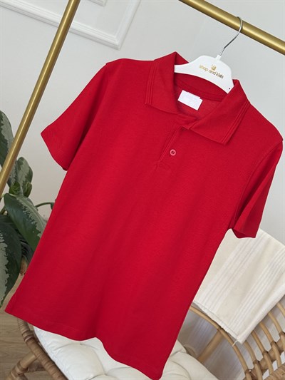 Unisex Yakalı T-shirt - Kırmızı (7-10 yaş aralığı)