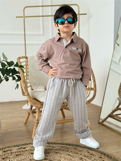 Yakalı Keten Pantolonlu Takım-Bej 3 yaş-12 yaş)