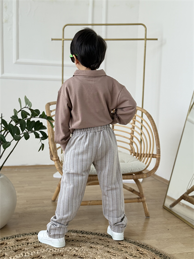 Yakalı Keten Pantolonlu Takım-Bej 3 yaş-12 yaş)
