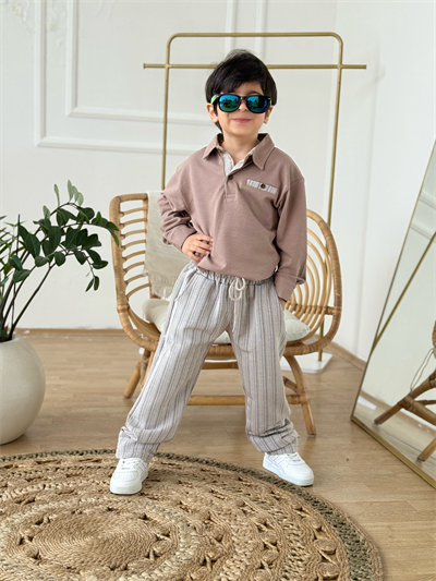 Yakalı Keten Pantolonlu Takım-Bej 3 yaş-12 yaş)