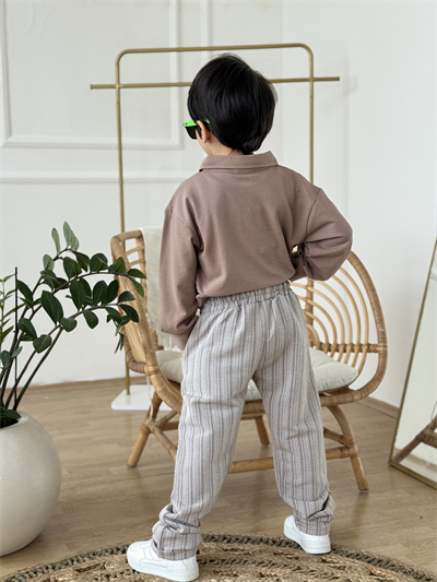 Yakalı Marka Detay Keten Pantolonlu Takım-Bej 3 yaş-12 yaş)