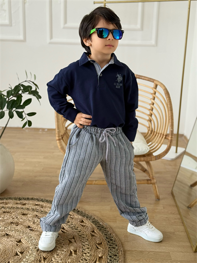 Yakalı Marka Detay Keten Pantolonlu Takım-Laci 3 yaş-12 yaş)