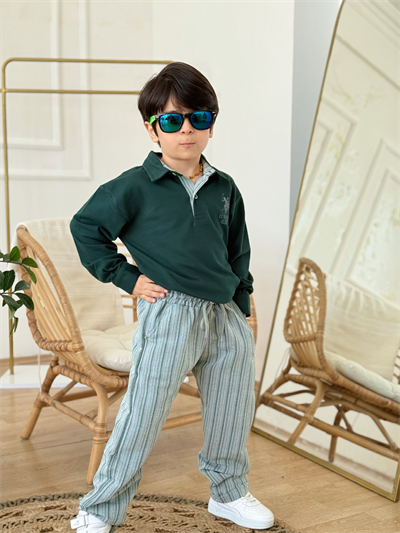 Yakalı Marka Detay Keten Pantolonlu Takım-Yeşil 3 yaş-12 yaş)