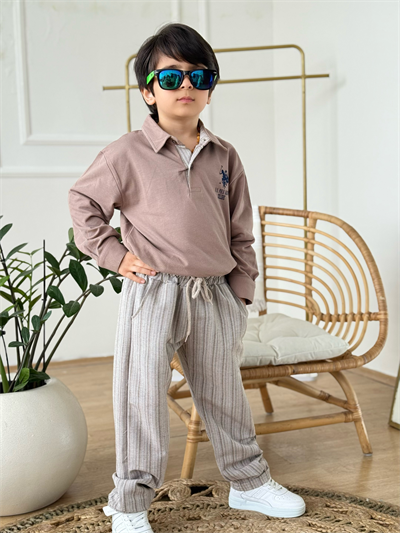 Yakalı Marka Detay Keten Pantolonlu Takım-Bej 3 yaş-12 yaş)