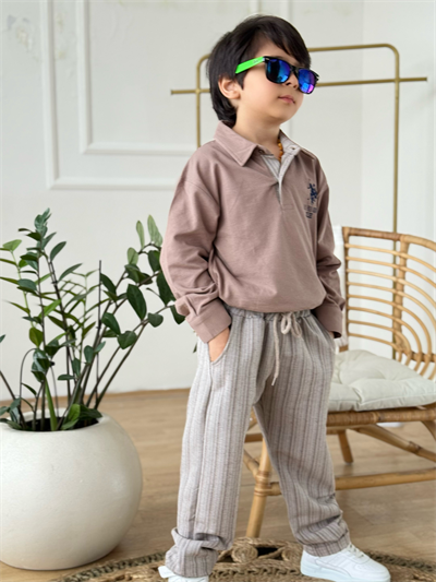 Yakalı Marka Detay Keten Pantolonlu Takım-Bej 3 yaş-12 yaş)