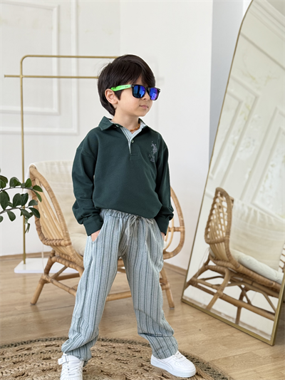 Yakalı Marka Detay Keten Pantolonlu Takım-Yeşil 3 yaş-12 yaş)