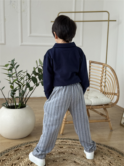 Yakalı Marka Detay Keten Pantolonlu Takım-Laci 3 yaş-12 yaş)