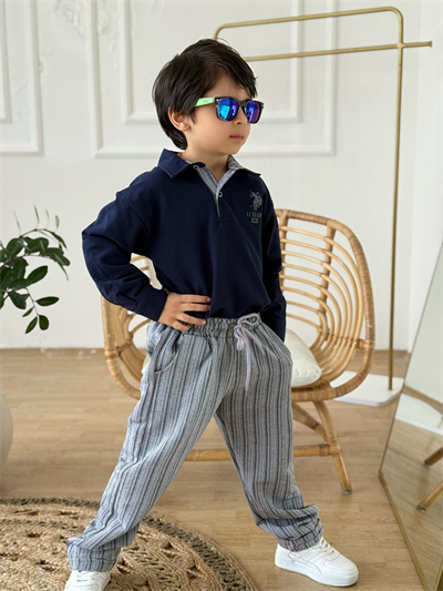 Yakalı Marka Detay Keten Pantolonlu Takım-Laci 3 yaş-12 yaş)