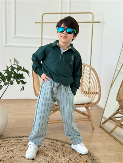 Yakalı Marka Detay Keten Pantolonlu Takım-Yeşil 3 yaş-12 yaş)