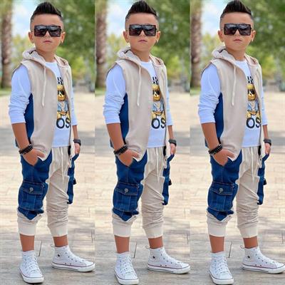 Yelekli 3lü Jean Detay Takım-Bej(3-12yaş)