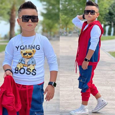 Yelekli 3lü Jean Detay Takım-Kırmızı(3-12yaş)